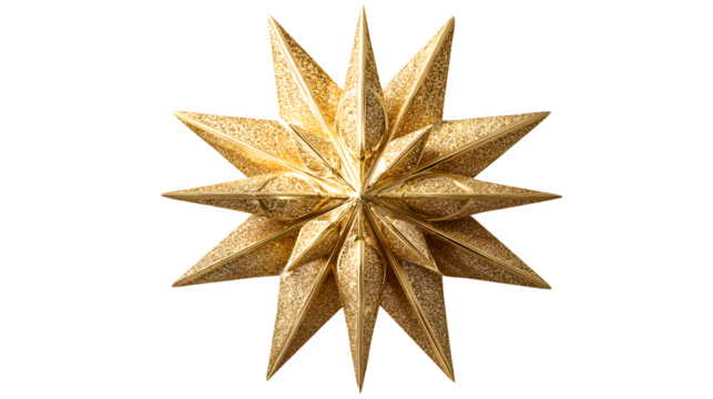 Glittering golden star ornament with 3-D shine effect isolated on white background