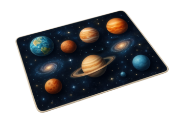Space-themed play mat featuring planets and stars, ideal for a science-inspired room.