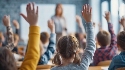 Bright young students with raised hands answering a question from their female teacher viewed from behind