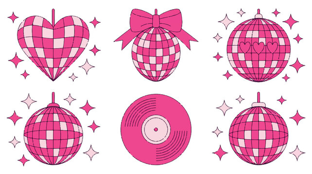 Vibrant vector set of pink and white disco balls, including a heart and a retro record, ideal for festive party designs and lively celebration graphics