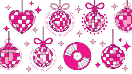 Flat design disco balls and vinyl record icons in vibrant pink and white for retro party and music event graphics