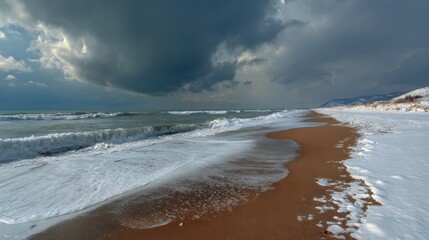 A dramatic winter seashore with waves crashing onto a snow-covered sandy beach under stormy clouds
