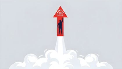 Conceptual representation of upward mobility and homeownership, symbolized by a person ascending on a rocket shaped like an arrow pointing towards a house