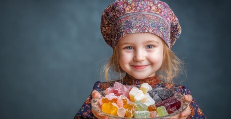 Girl with vibrant Ramadan sweets Eid Mubarak Child with a plate of sugar during the holiday