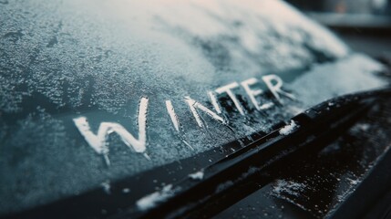 The word WINTER is written across a frosty car windshield covered in ice crystals