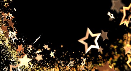 Abstract design of golden stars shimmering against a deep black backdrop, a visually stunning...