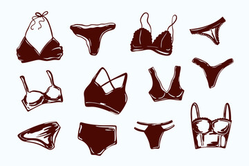 Hand drawn vector set of female underwear. The set includes various bra styles, sports bras, panties, and lingerie tops. Perfect for fashion, branding, and design.