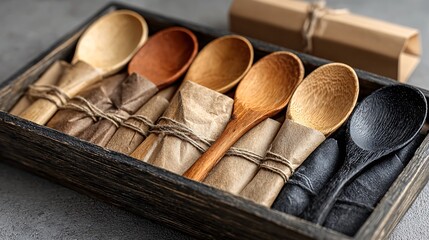 Set of assorted wooden spoons with wrapped handles in a rustic wooden box
