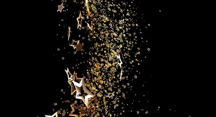 Abstract background featuring falling gold star confetti against a dark black background. Great for celebrations, events and