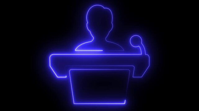 glowing neon Speaker man icon.Training icon, coaching concept, teacher and learner, presentation, conference, lesson, seminar, education symbol. 4k motion video animation.