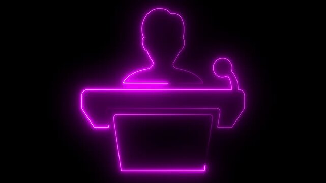 glowing neon Speaker man icon.Training icon, coaching concept, teacher and learner, presentation, conference, lesson, seminar, education symbol. 4k motion video animation.