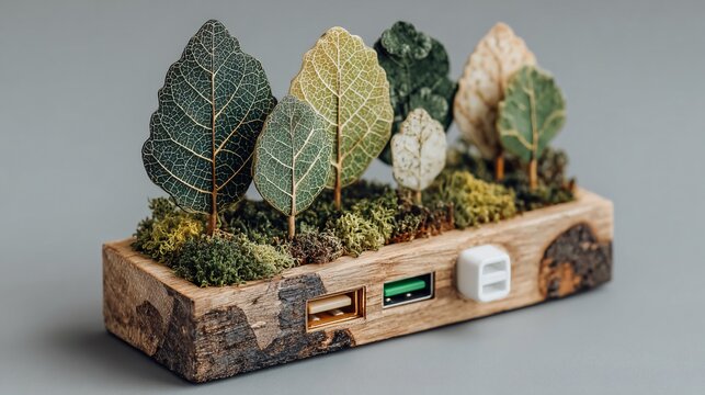 Close-up of Handmade Wooden Digital Clock with Decorative Leaf Figures and Moss