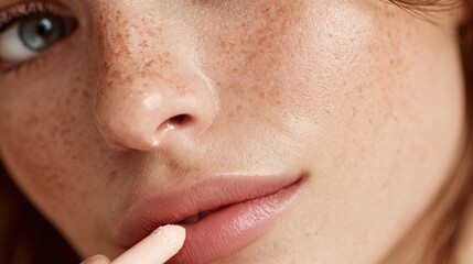 Close up of an unidentified young woman with natural beauty applying foundation to conceal skin imperfections near her lips