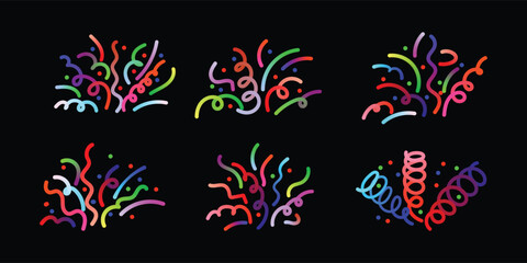 Colorful confetti and streamers scattered on a black background for celebration