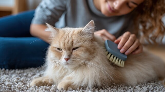 Woman grooming her cat on the floor with a brush at home Pet care and hygiene for cat enthusiasts