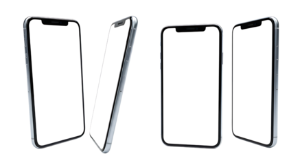 Smartphone mockup frames set multiple angles isolated on transparent background
