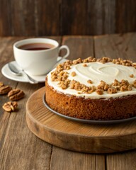 Indulging in carrot cake with walnut topping and cream cheese frosting while enjoying hot chamomile tea on a rustic wooden table