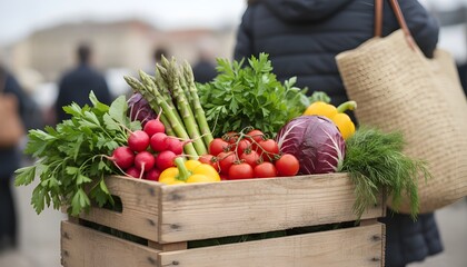 Wooden crate full of fresh produce including radishes, asparagus, peppers, and tomatoes, highlighting a healthy lifestyle