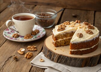 Savoring homemade carrot cake with walnut topping and cream cheese frosting alongside hot chamomile tea in a rustic wooden setting