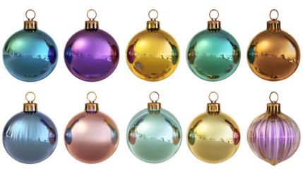 Glossy multicolor Christmas ornaments in metallic finish isolated on white background