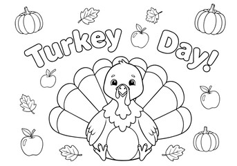 Fototapeta na wymiar Engaging Turkey Day coloring pages for children featuring a happy cartoon turkey and fall harvest illustrations