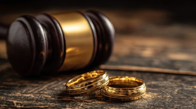 Judge s gavel and dual golden wedding bands signify divorce agreement for the couple amidst the dissolution process