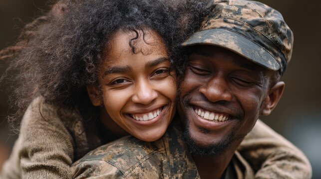Close up of a joyful teenage girl with curly hair riding on her father s back an African American soldier in camouflage enjoying time together at home