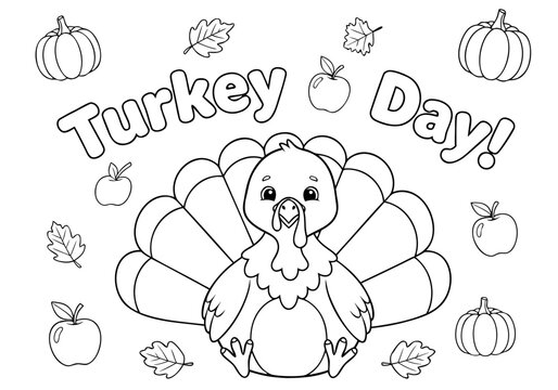 Engaging Turkey Day coloring pages for children featuring a happy cartoon turkey and fall harvest illustrations