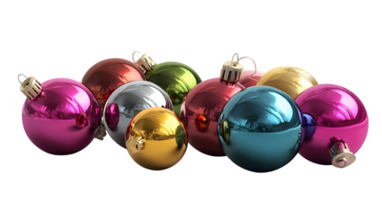 Glossy multicolor Christmas ornaments in metallic finish isolated on white background