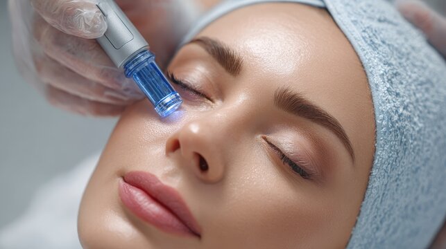 Facial skincare Woman undergoing hydro microdermabrasion at a beauty clinic Exfoliation rejuvenation and hydration Cosmetology
