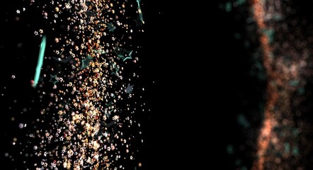 Mesmerizing abstract artwork featuring shimmering stars and particles against a deep black...