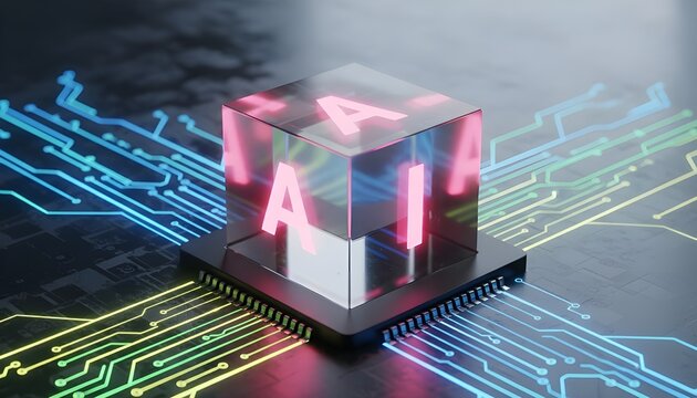 Artificial Intelligence concept with a glowing 'AI' cube on a sophisticated processor, depicting advanced machine learning and digital innovation