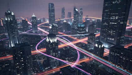 Illuminating urban landscape A mesmerizing depiction of a bustling cityscape intertwined with vibrant light trails at night