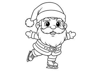 Adorable cartoon Santa Claus ice skating outline illustration for fun kids' coloring pages