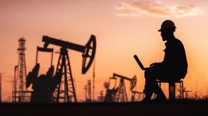 Naklejka premium Engineer using a laptop and diagram to inspect oil pump functionality in an industrial setting with a silhouette in a desert environment