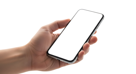 Hand holding smartphone with blank white screen mockup isolated on transparent background
