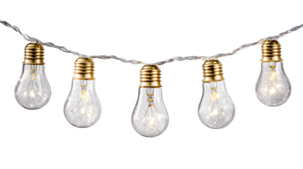 Glowing light bulb string with transparent wire for festive d?cor isolated on white background