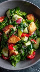 Vibrant Fattoush Salad - A Rustic Bowl of Fresh Greens, Crispy Pita, and Chopped Vegetables.