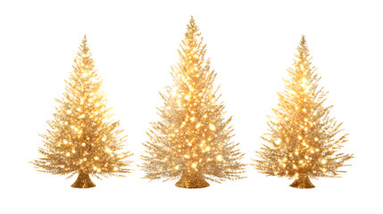 Glowing golden Christmas trees set isolated on white background