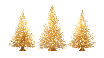 Glowing golden Christmas trees set isolated on white background