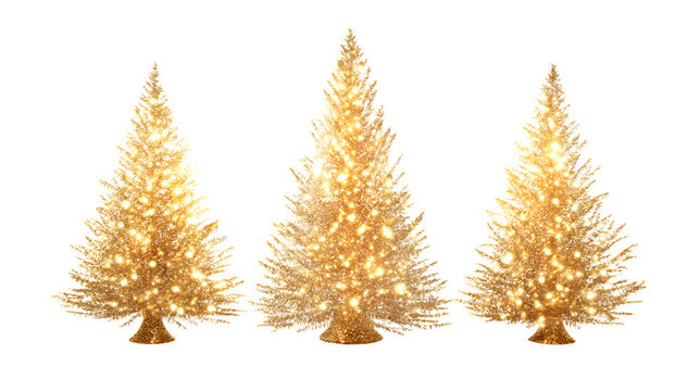 Glowing golden Christmas trees set isolated on white background