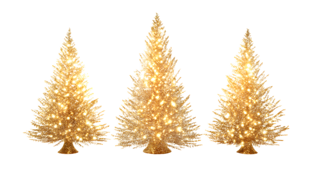 Glowing golden Christmas trees set isolated on white background