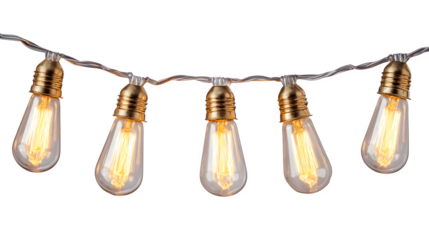 Glowing light bulb string with transparent wire for festive d?cor isolated on white background