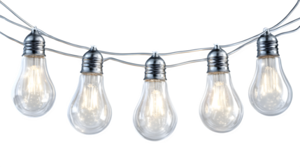 Glowing light bulb string with transparent wire for festive d?cor isolated on white background