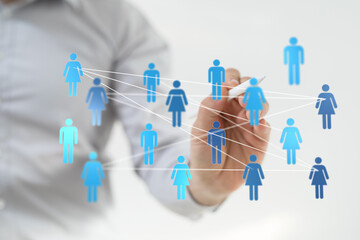Digitally connected people forming a network, representing teamwork, communication, and social media interaction in business or personal context