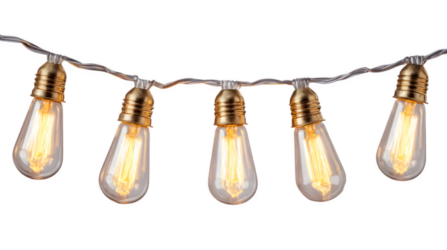 Glowing light bulb string with transparent wire for festive d?cor isolated on white background
