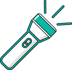 Flashlight icon illuminating path with teal outline and radiating light beams.