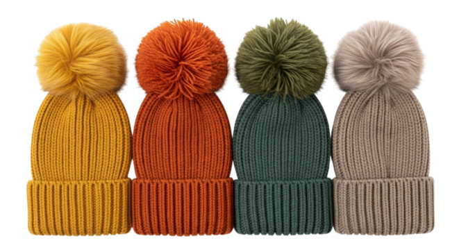 Four knitted winter hats with pompoms in yellow, orange, green, and grey