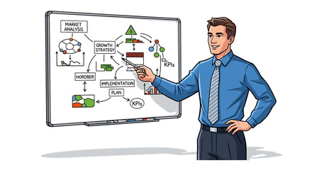 Business Presentation Man Explaining Growth Strategy on Whiteboard