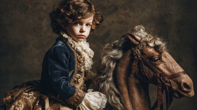 Joyful young boy in medieval attire rides toy horse against a vintage backdrop showcasing an artistic blend of eras